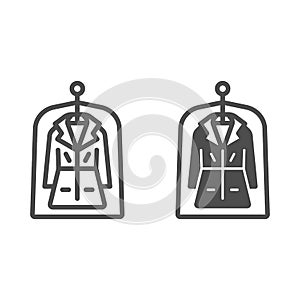 Coat in film packing line and solid icon, dry cleaning concept, garment in film vector sign on white background, outline