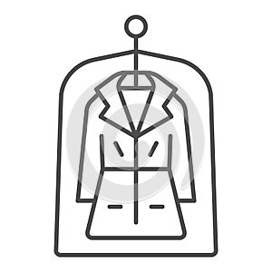 Coat in film packing thin line icon, dry cleaning concept, garment in film vector sign on white background, outline