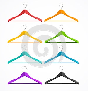 Coat hanger wood set isolated on white. Rainbow.