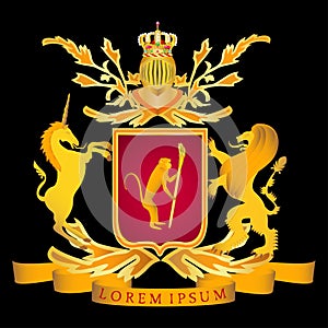 Coat with leaves, crown, helmet, monkey, unicorn, lion, shield a