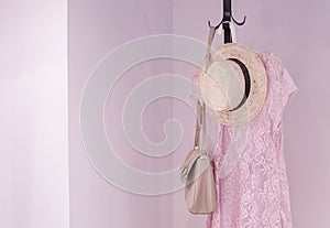 Coat rack with female accessories in bedroom, interior design for home