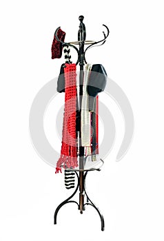 Coat Rack with Hats and Scarves photo