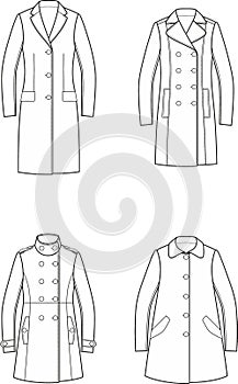 Coat set flat sketch. Classic overcoat apparel design. Front view. Women CAD mockup. photo