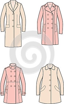 Coat set flat sketch. Classic overcoat apparel design. Front view. Women CAD mockup. photo