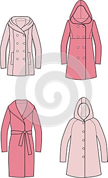 Coat with shawl and hood flat sketch. Overcoat set apparel design. Front view. photo