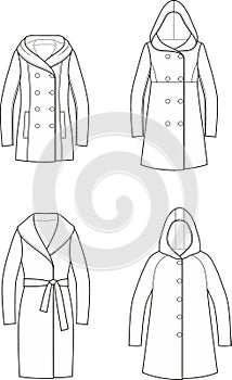 Coat with shawl and hood flat sketch. Overcoat set apparel design. Front view. photo