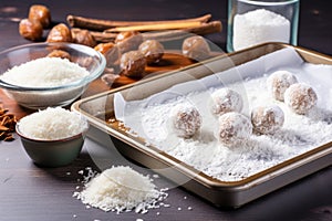 coating date and nut balls in desiccated coconut