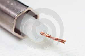 Coaxial cable close-up on a white background, macro photography