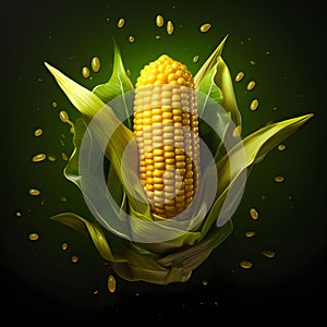 Cob of corn in green Leaf on a solid dark background. Corn as a dish of thanksgiving for the harvest
