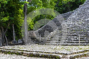 Coba Maya Ruins Nohoch Mul pyramid in tropical jungle Mexico