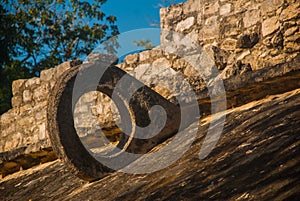 Coba, Mexico. On the walls there are stone rings, in which the Mayan athletes threw the ball with their hips