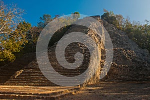 Coba, Mexico, Yucatan: Mayan Nohoch Mul pyramid in Coba. Upstairs are 120 narrow and steep steps.