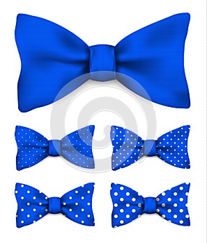 Cobalt blue bow tie with white dots realistic vector illustration
