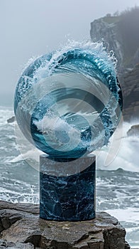 Cobalt Blue Glass Pedestal Against an Ocean Wave Wall The blue glass merges with the waves