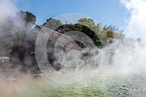 Cobalt blue hell pond of Oniyama Jigoku, Japanese hot springs is the famous natural hot springs in