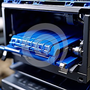 a cobalt blue ink cartridge slots smartly into a printer ready photo