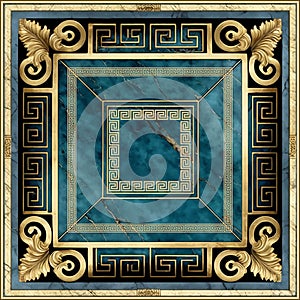 Cobalt blue marble art Deco greek floral seamless pattern. Gold frame, border. Luxury stone textured background. Greek key