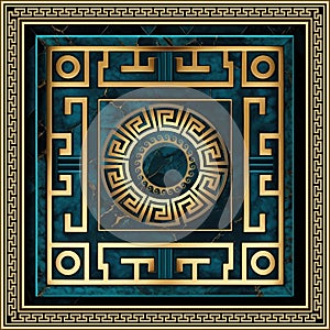 Cobalt blue marble art Deco greek seamless pattern. Gold frame, border. Mandala. Luxury stone textured background. Greek key