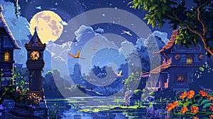 Cobalt moonlit scene with a steampunk clock and pixel art origami birds over an oasis in a quiet suburb