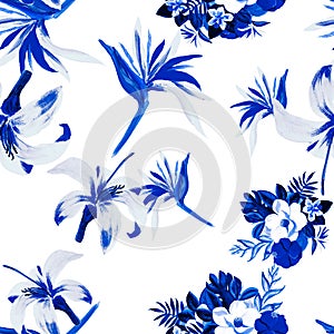Cobalt Pattern Botanical. White Seamless Painting. Blue Tropical Design. Indigo Flower Art. Azure Wallpaper Botanical.