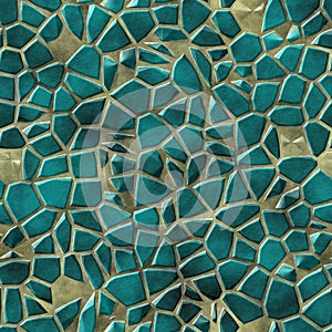 Cobble stones mosaic pattern texture seamless background - pavement cerulean blue green colored pieces on beige ground