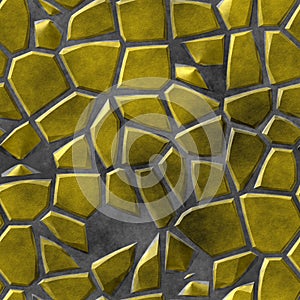 Cobble stones mosaic pattern texture seamless background - pavement yellow gold natural colored pieces on gray concrete