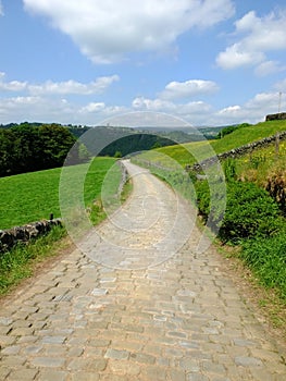 A cobbled country lane curving downhill into the distant wooded valley surrounded by dry stone walls and green fields