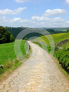 A cobbled country lane curving downhill into the distant wooded valley surrounded by dry stone walls and green fields