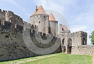 The cobbled entrance to the walled city fortress of Carcassonne
