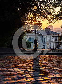 Cobbled Paris Street at Sunrise