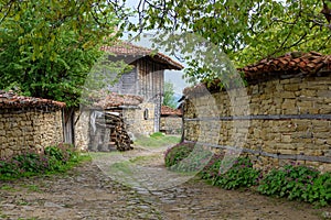 Cobbled road, old traditional houses and walnut tree branches in Zheravna, Bulgaria