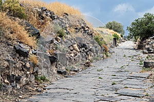 Cobbled road to the ruins of the Greek - Roman city of the 3rd century BC - the 8th century AD Hippus - Susita on the Golan Height