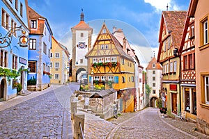 Cobbled street and architecture of historic town of Rothenburg ob der Tauber view