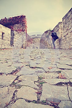 Cobbled street in Belgrade fortress in early fall