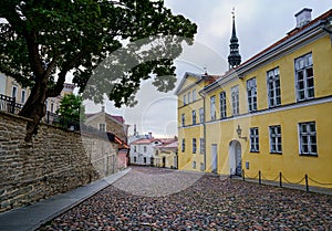 Cobbled street in the city of Tallinn at sunrise.