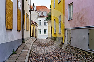 Cobbled street in the city of Tallinn at sunrise.