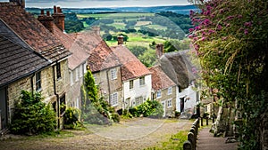 Cobbled street Gold Hill with traditional cottages in Shaftesbury, UK
