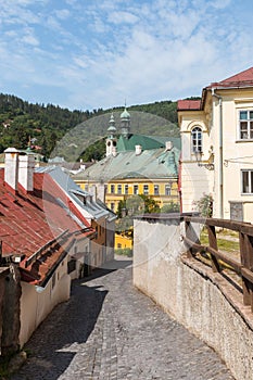 Cobbled street in historic town Banska Stiavnica