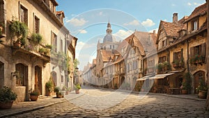 A cobbled street with medieval buildings, decorated with flowers and plants, in a picturesque European town