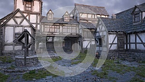 Cobbled street in an old medieval village or town with timber framed houses and a well. 3D illustration