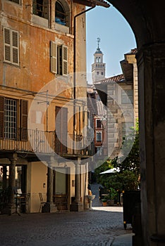 Cobbled street in the Saluzzo old town area. Piemonte, Italy