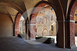 Cobbled street in the Saluzzo old town area. Piemonte, Italy