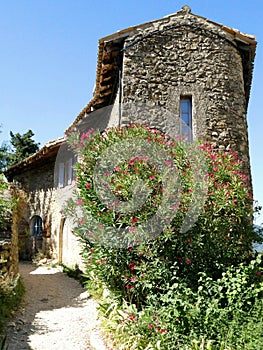 Cobbled street and stone houses in the medieval village of Mirmande