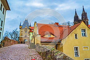 Cobbled street to the Torhaus Albrechtsburg Castle Meissen Saxony Germany