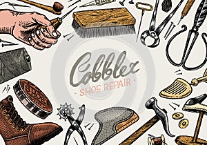 Cobbler background. Professional equipments. Poster or banner for Shoe repair. Shoemaker or bootmaker. Cream Hammer Awl