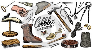 Cobbler set. Professional equipments for Shoe repair. Shoemaker or boot-maker. Cream Hammer Awl Brush Thread Glue Shoe