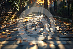 Cobblestone alley with fallen autumn leaves illuminated by soft sunlight in the background