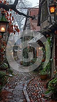 A cobblestone alleyway in an old European town