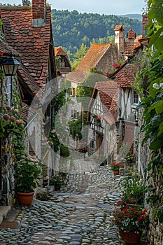 A cobblestone alleyway in an old European town