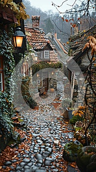 A cobblestone alleyway in an old European town